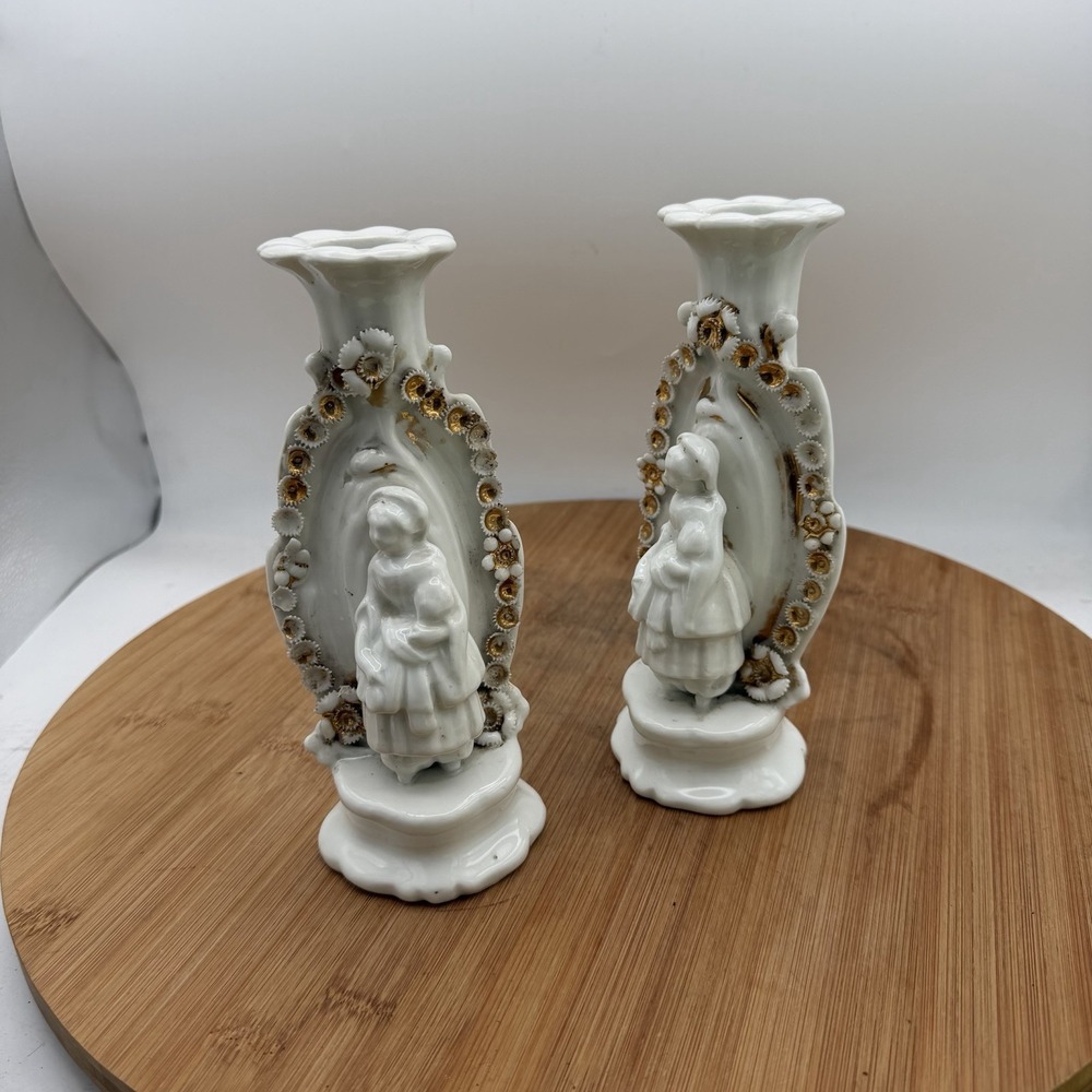 Antique French Vieux Paris Porcelain Madonna And Child Candlestick Holder Pairs